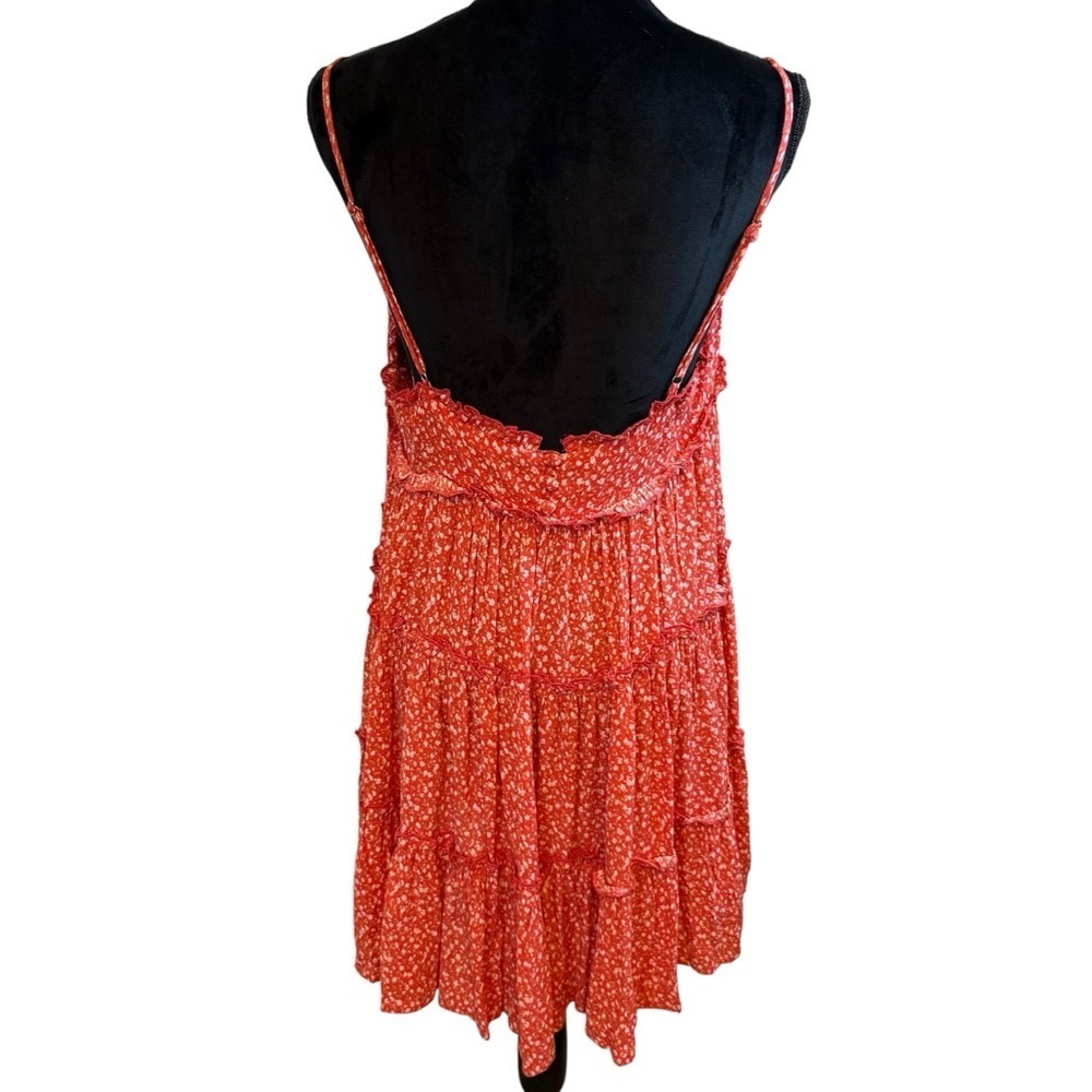 Lulu's Red Orange Calico Print Tiered Ruffled Sundress with Spaghetti Straps - Picture 3 of 8